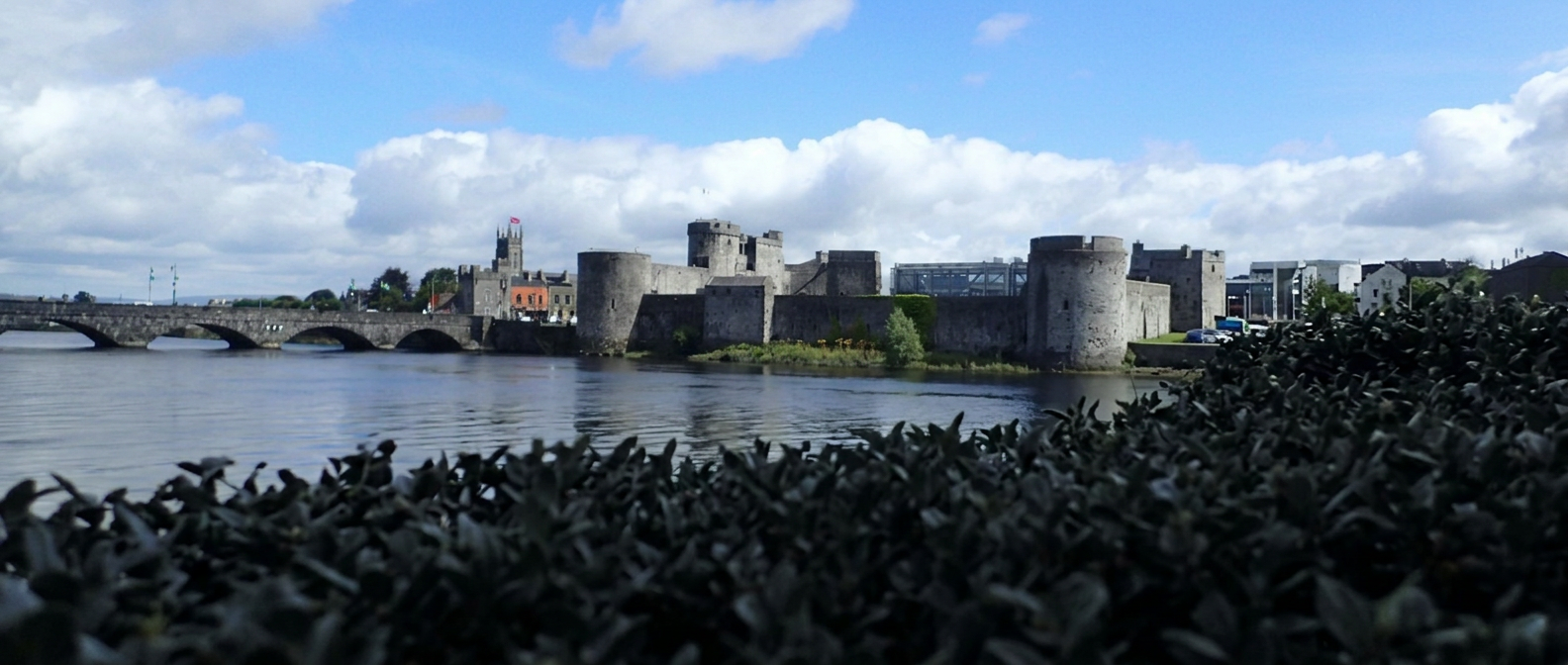 King John’s Castle and the River Shannon in Limerick, with dark riverside foliage in the foreground